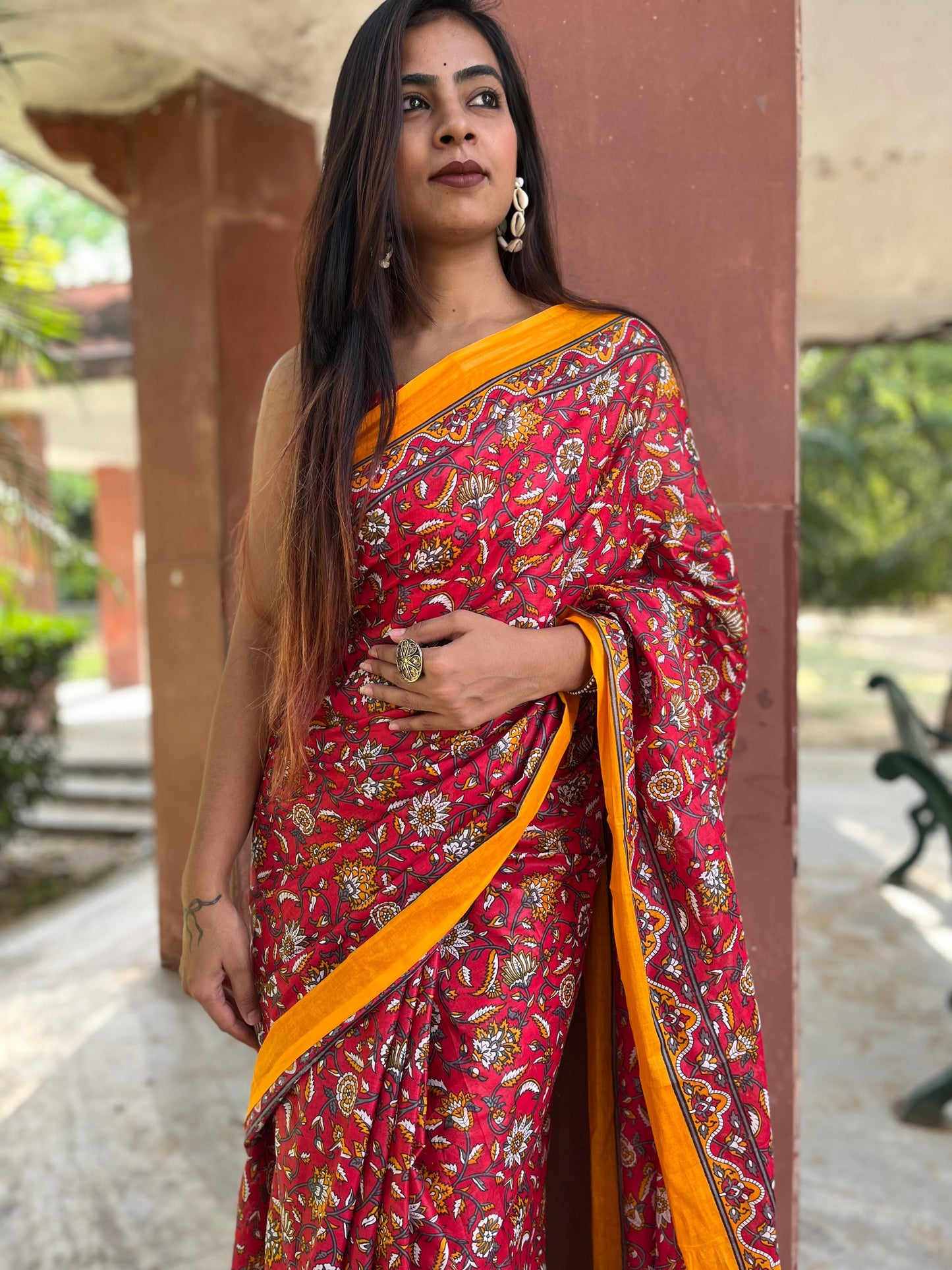 Red Cotton Mul Printed Saree