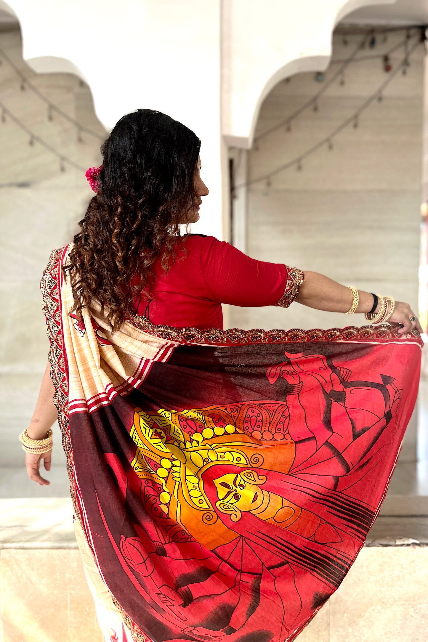 Creamy-Red Cotton Mul Printed Saree