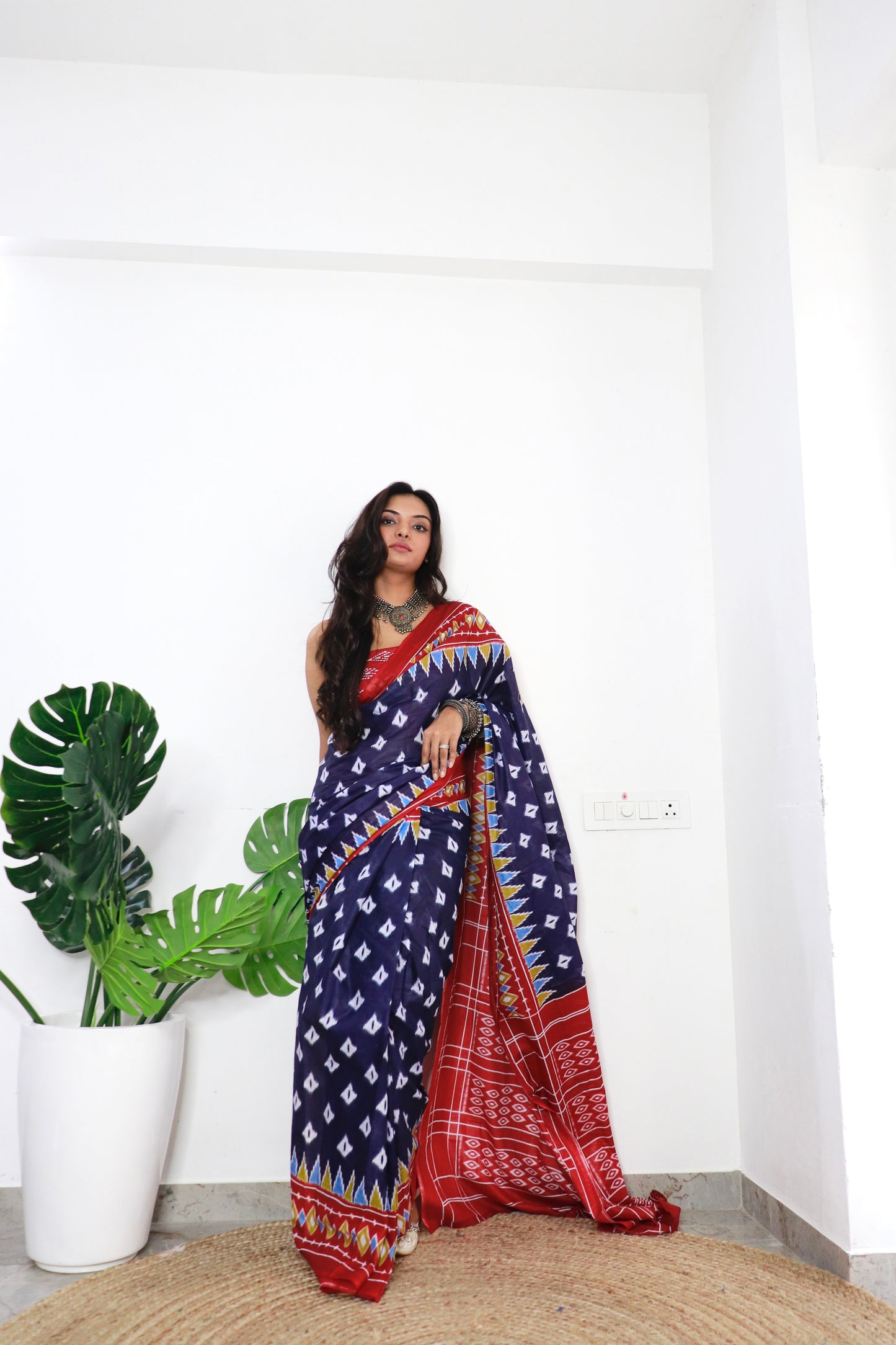 Blue-Red Cotton Printed Saree