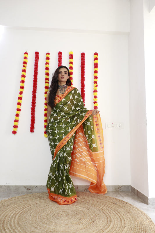 Mehendi Block Printed Cotton Mul Saree