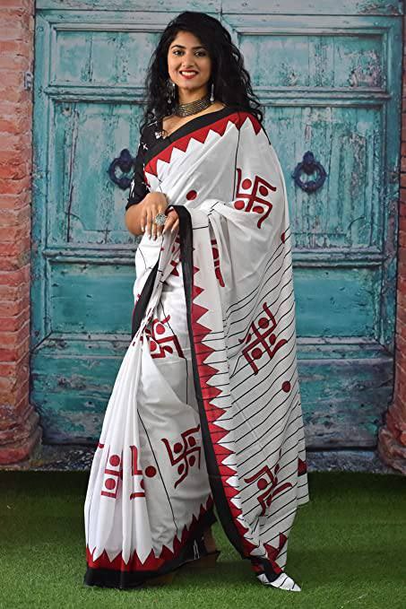 Designer White Cotton Mul Printed Saree