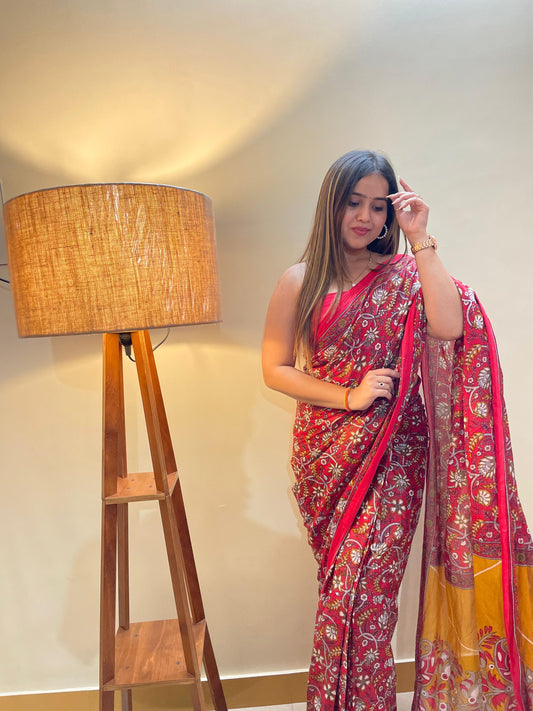 Dark Red Cotton Mul Printed Saree