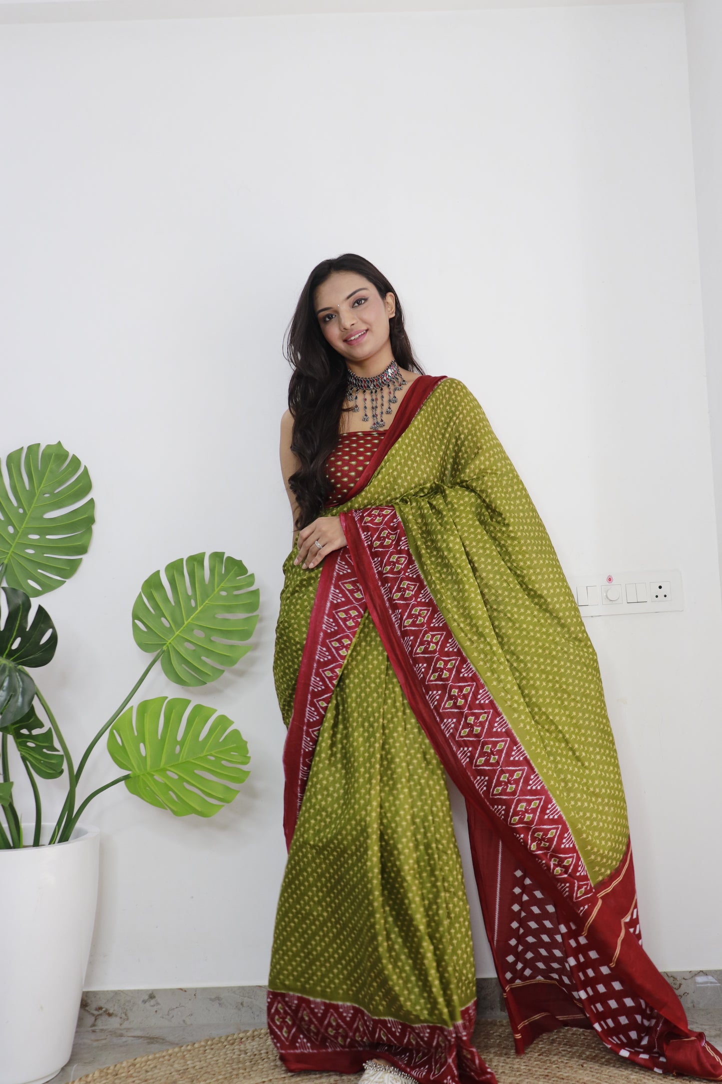 Maroon-Mehendi Cotton Printed Saree