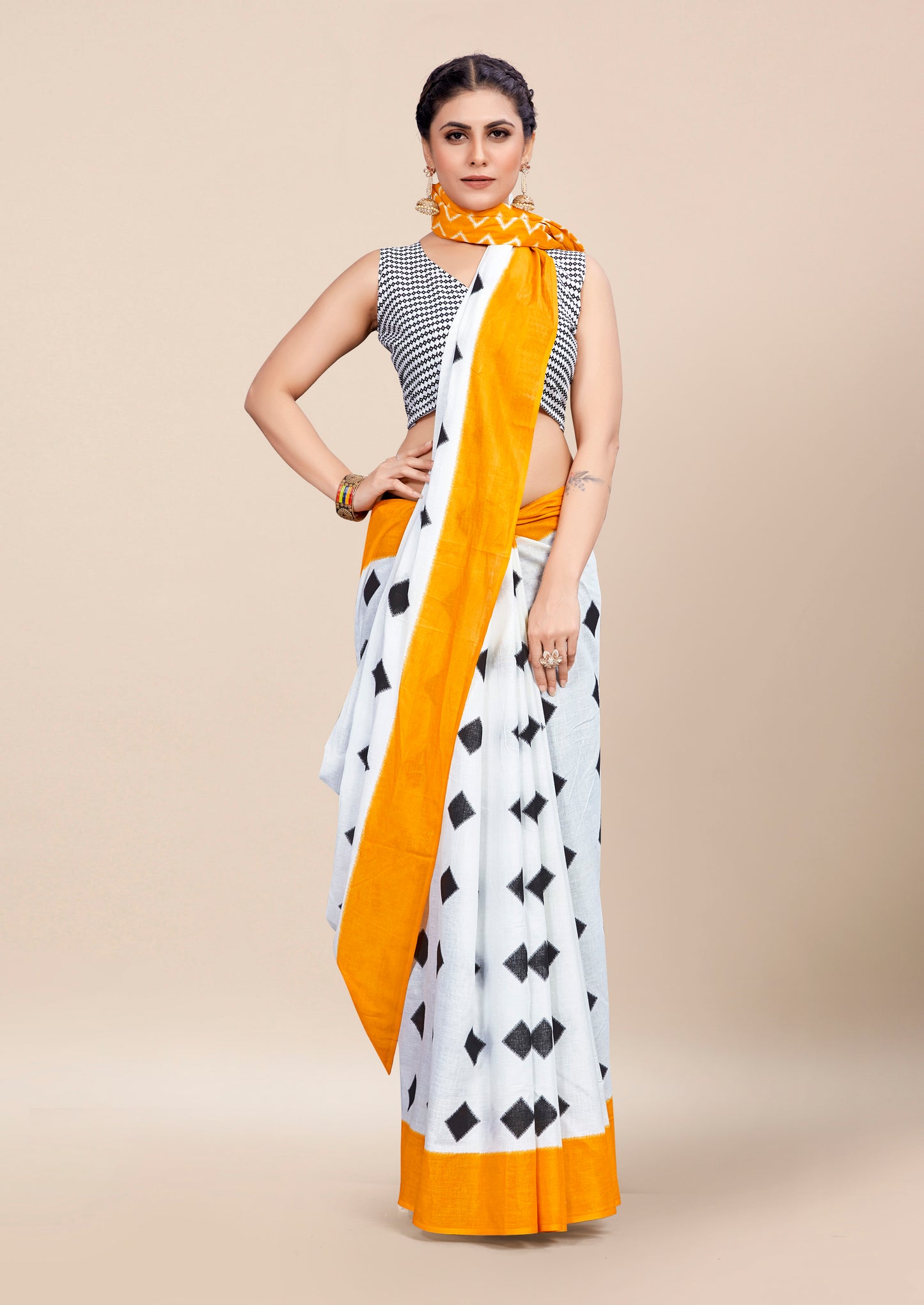 Mustard-White Cotton Mul Printed Saree