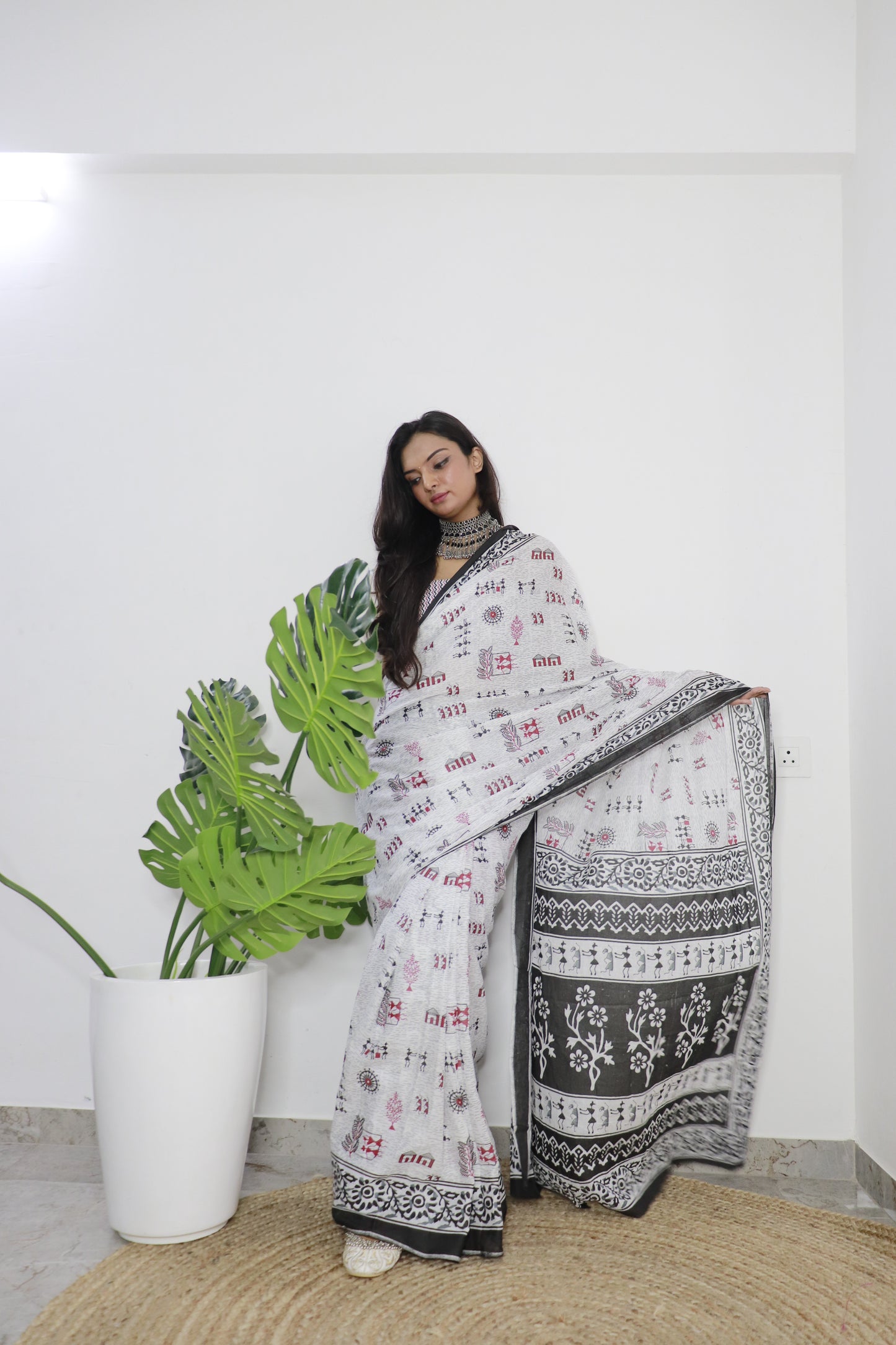 White Cotton Printed Saree