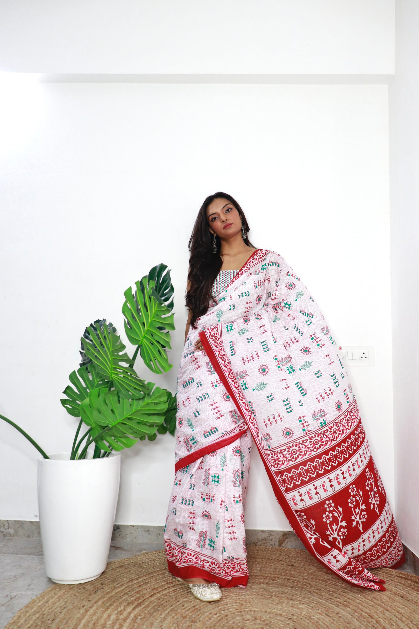 White-Red Cotton Printed Saree