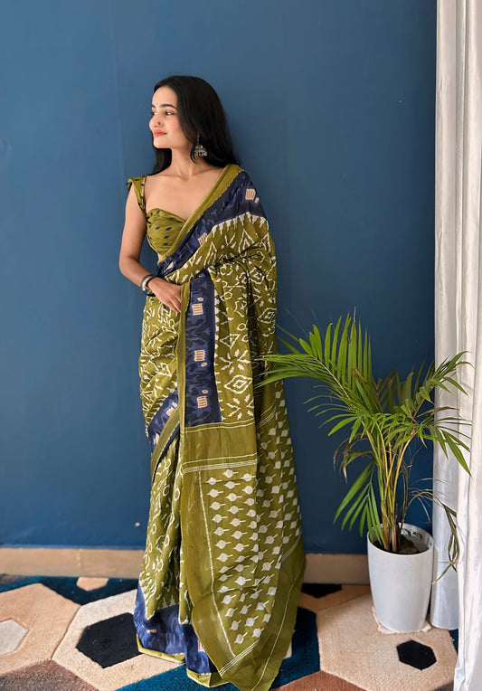 Green Cotton Mul Printed Saree