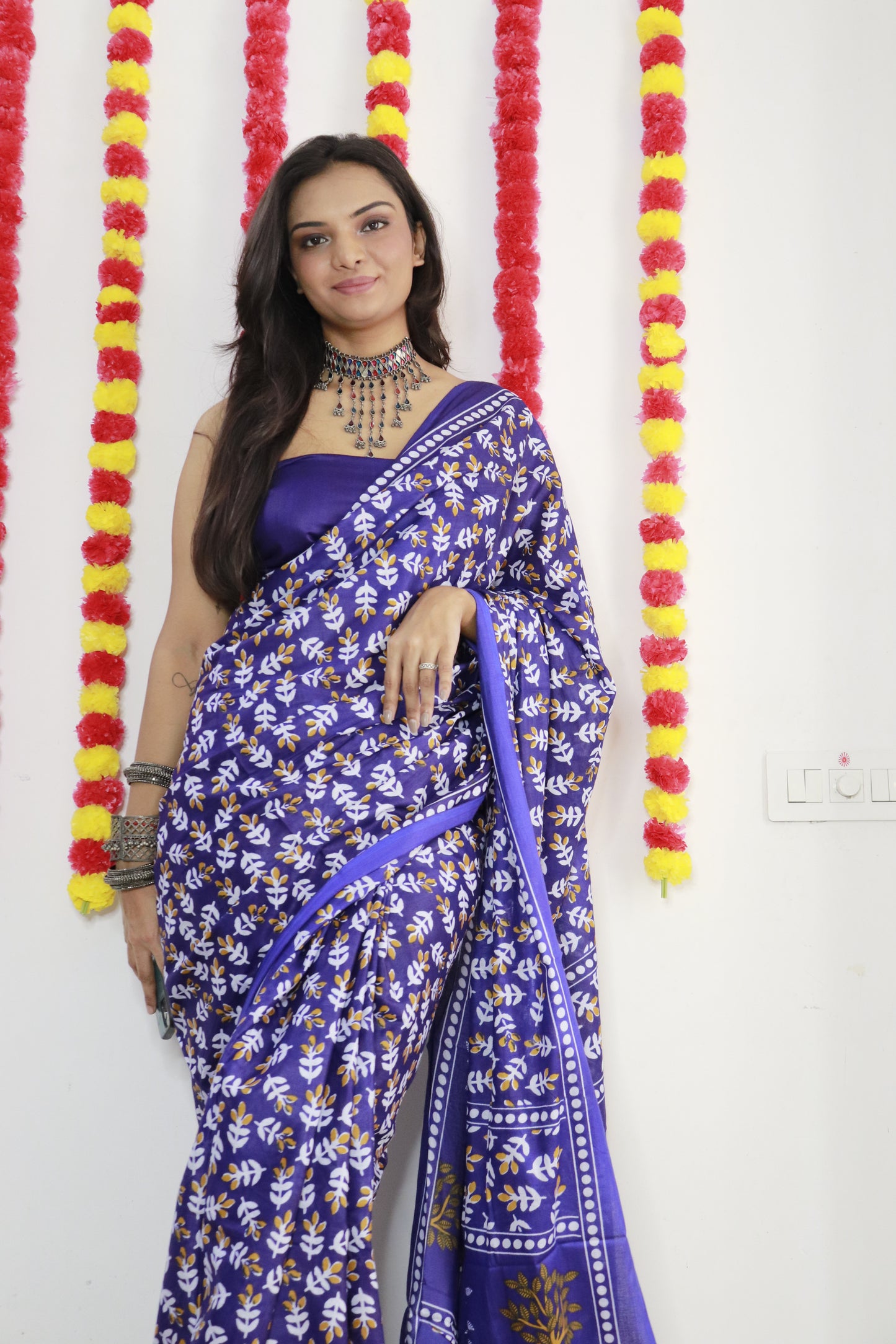 Purple Block Printed Cotton Mul Saree