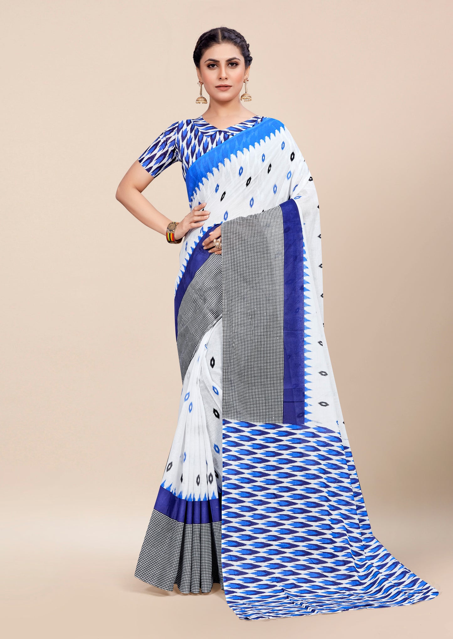 Tri-Color Cotton Mul Printed Saree