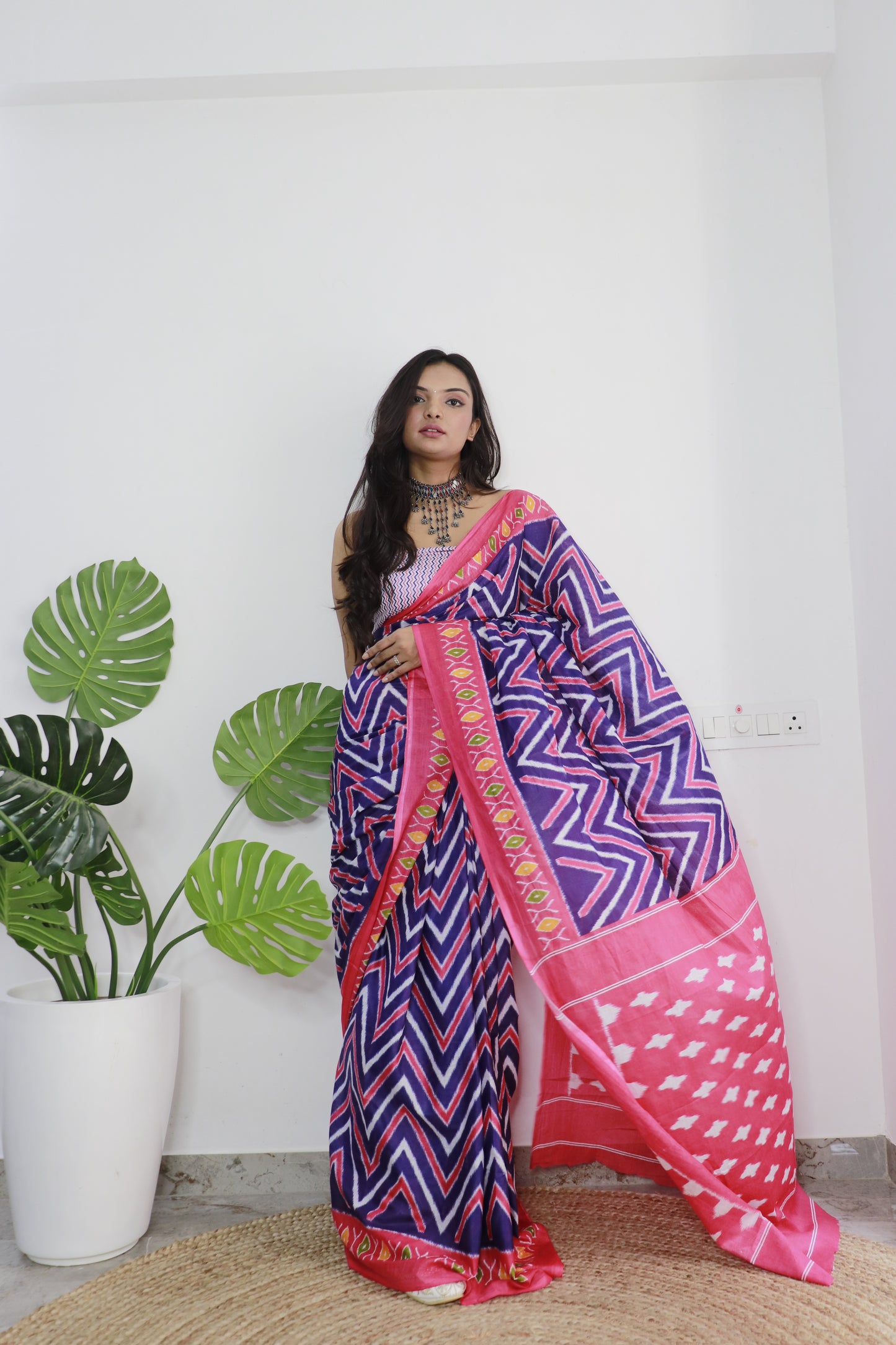 Blue-Pink Cotton Printed Saree