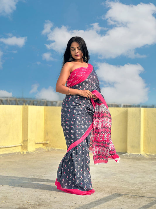 Dark Grey-Pink Cotton Mul Printed Saree