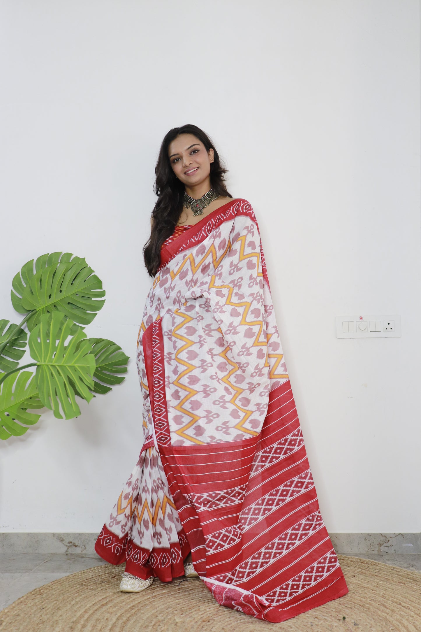 Red-White Cotton Printed Saree