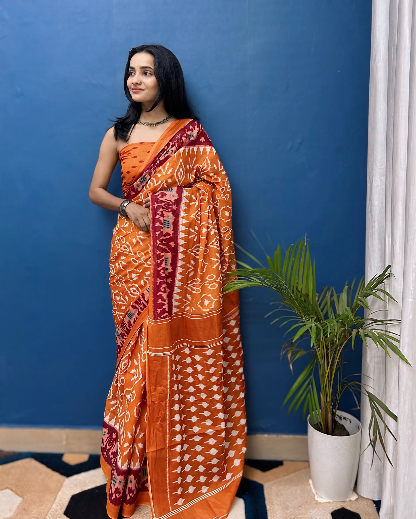 Blooming Orange Cotton Mul Printed Saree