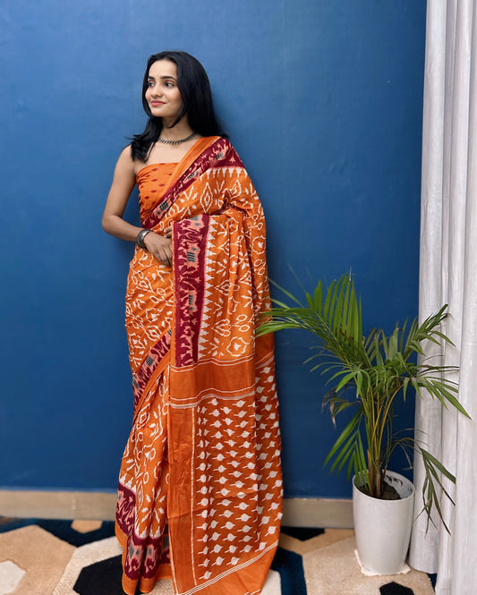 Blooming Orange Cotton Mul Printed Saree