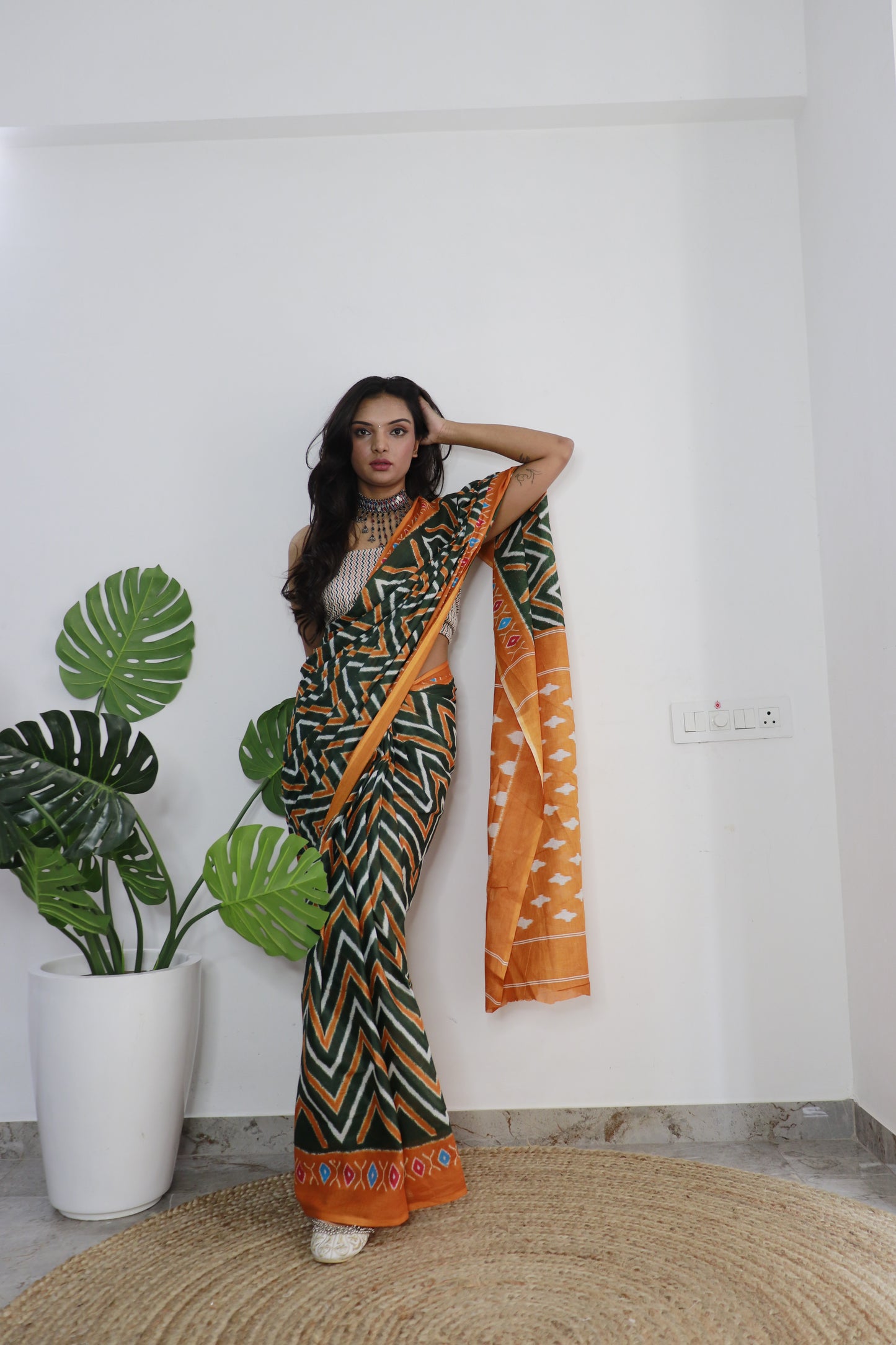 Green-Yellow Cotton Printed Saree