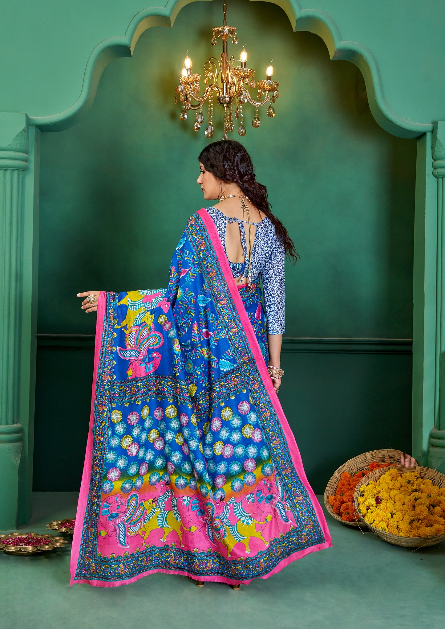 Blue Cotton Mul Printed Saree