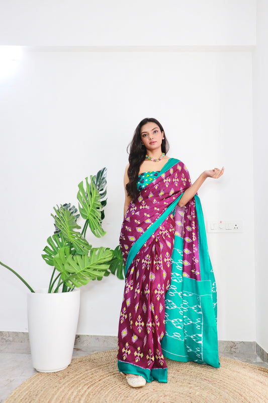 Wine-Mint Green Cotton Printed Saree