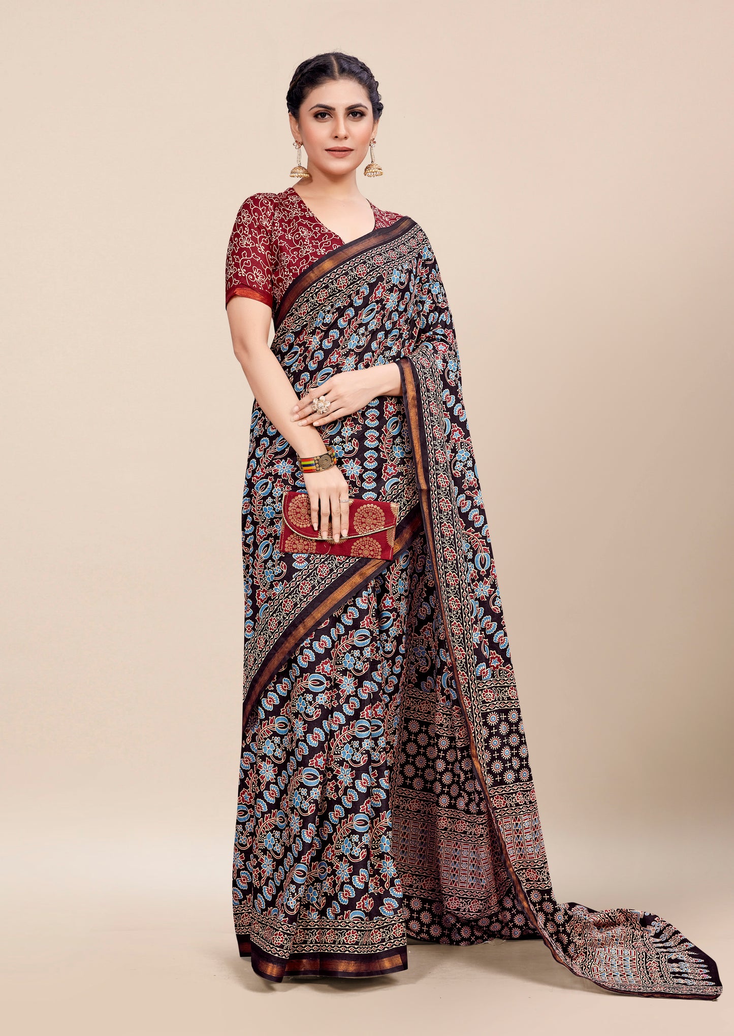 Brown Cotton Mul Printed Saree