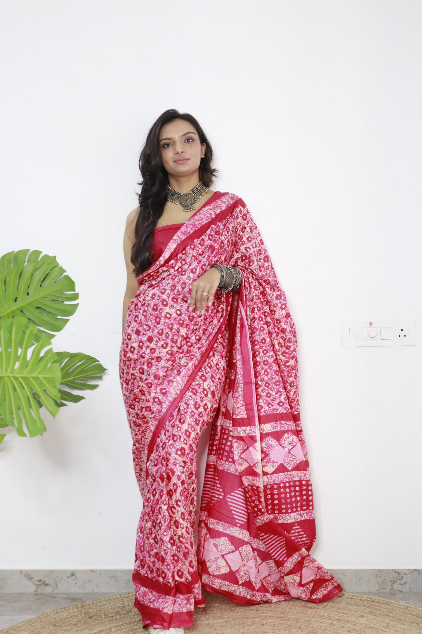 Cherry Pink Cotton Printed Saree