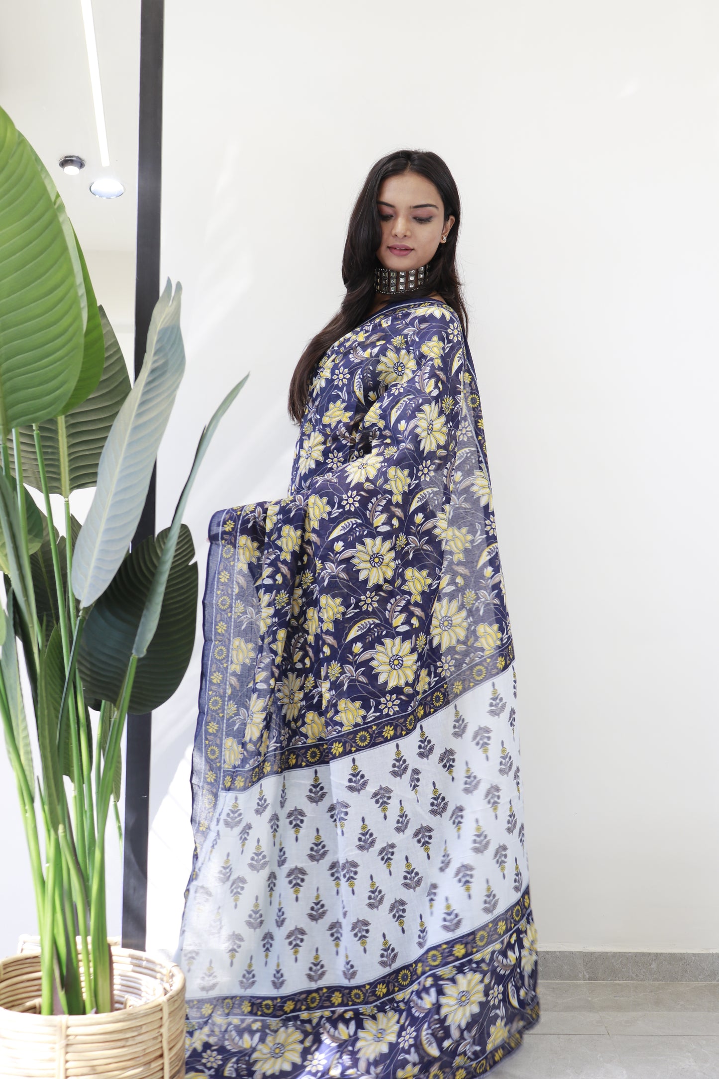 Blue Cotton Printed Saree