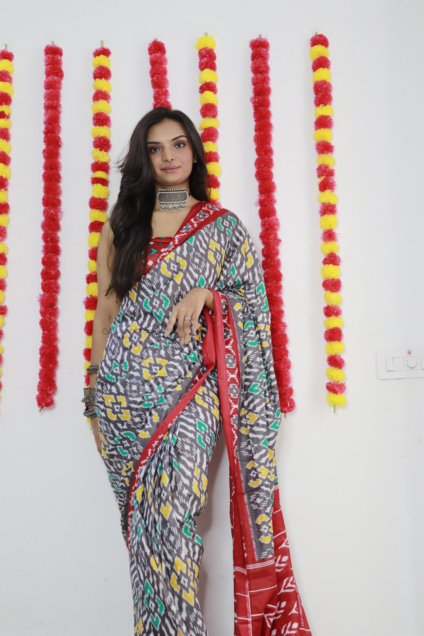 Grey-Marron Cotton Mul Printed Saree