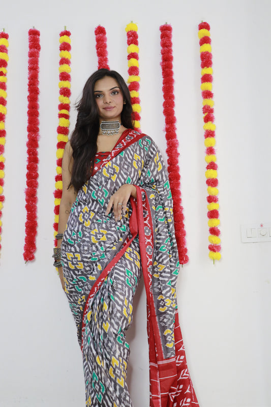 Grey-Marron Cotton Mul Printed Saree