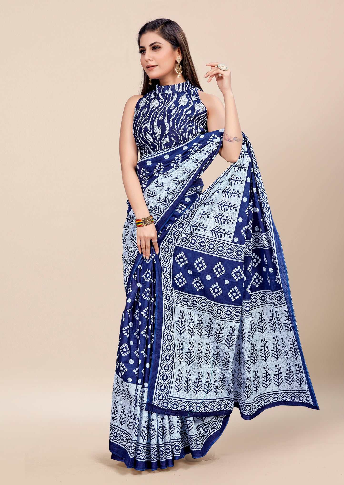 Navy Blue Cotton Mul Printed Saree