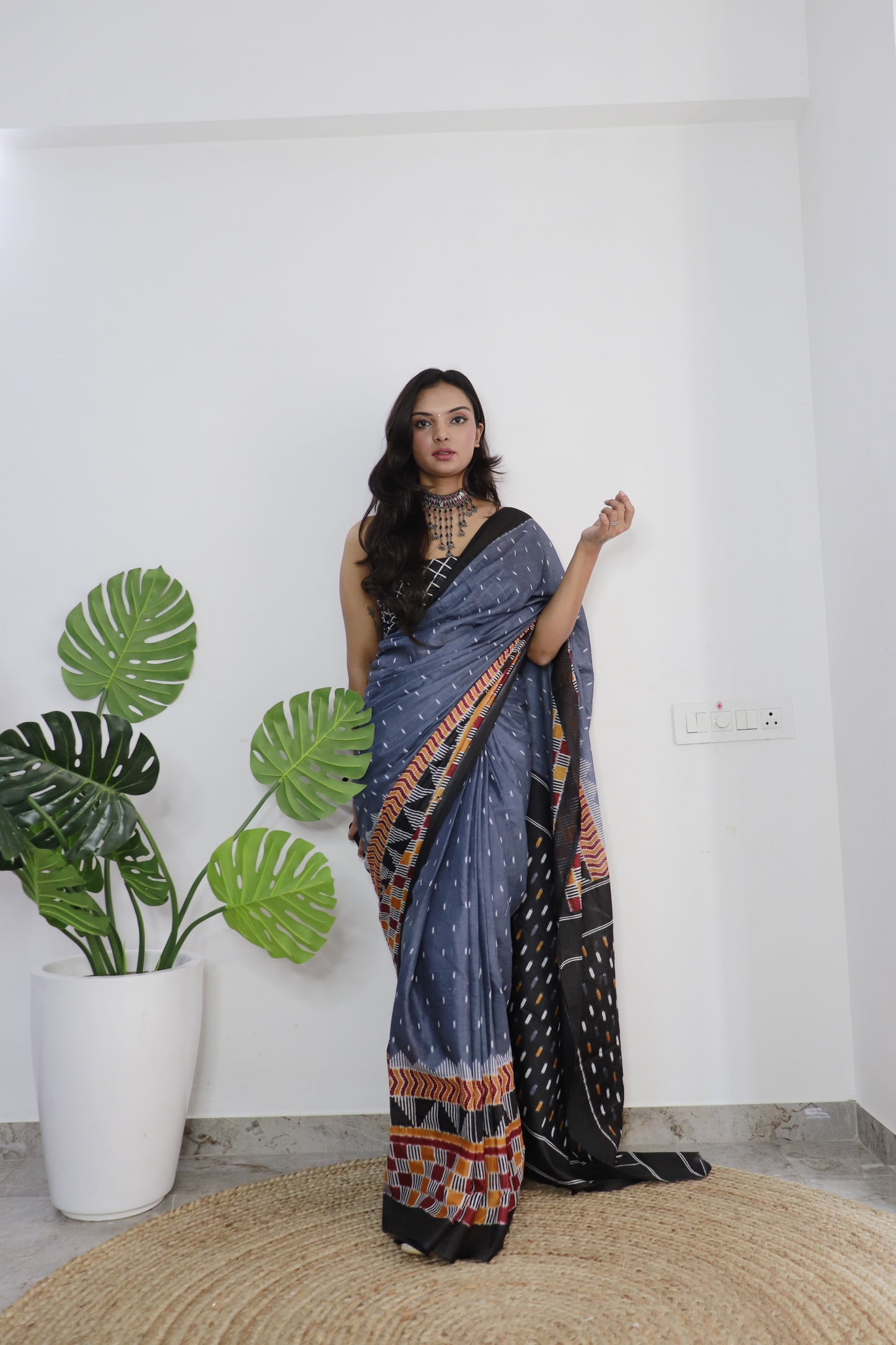 Blue Cotton Printed Saree