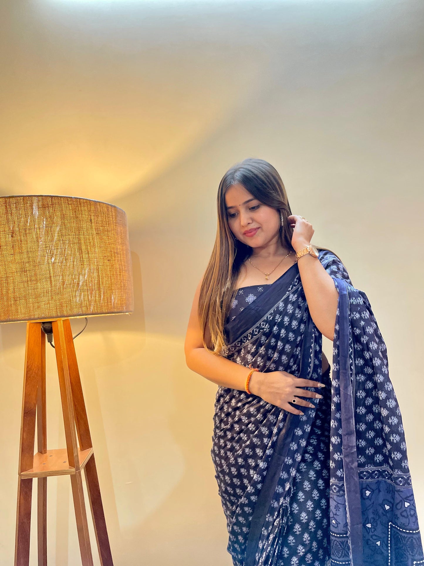 Blue Cotton Mul Printed Saree