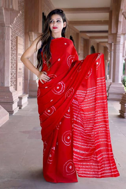 Red Cotton Mul Printed Saree