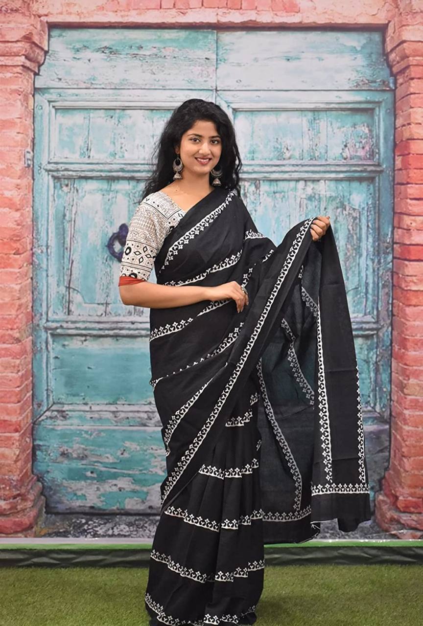 Traditional Black Cotton Mul Printed Saree