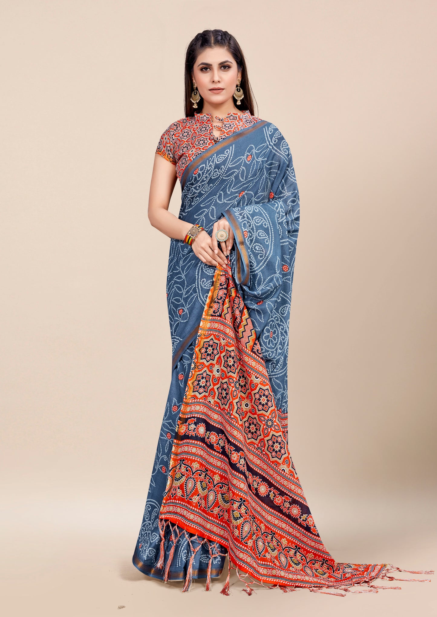 Teal Blue Cotton Mul Printed Saree