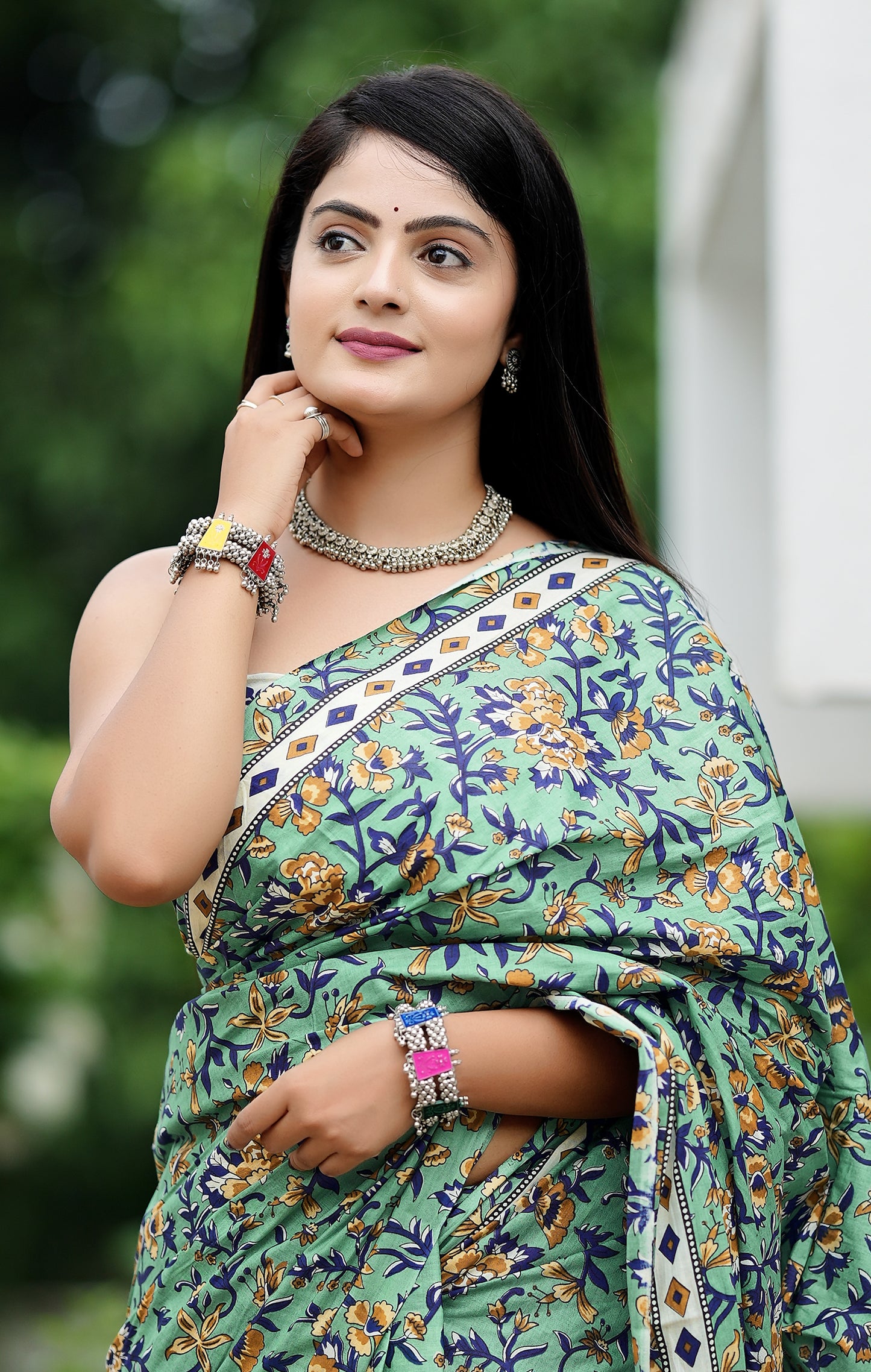 Green Cotton Mul Printed Saree