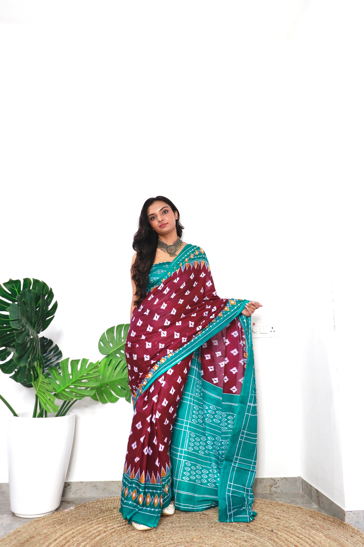 Wine-Teal Blue Cotton Printed Saree