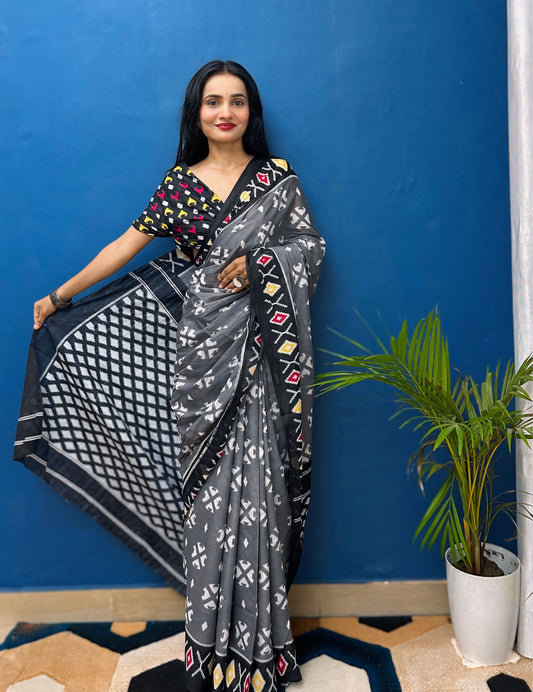 Dark Grey Cotton Mul Printed Saree