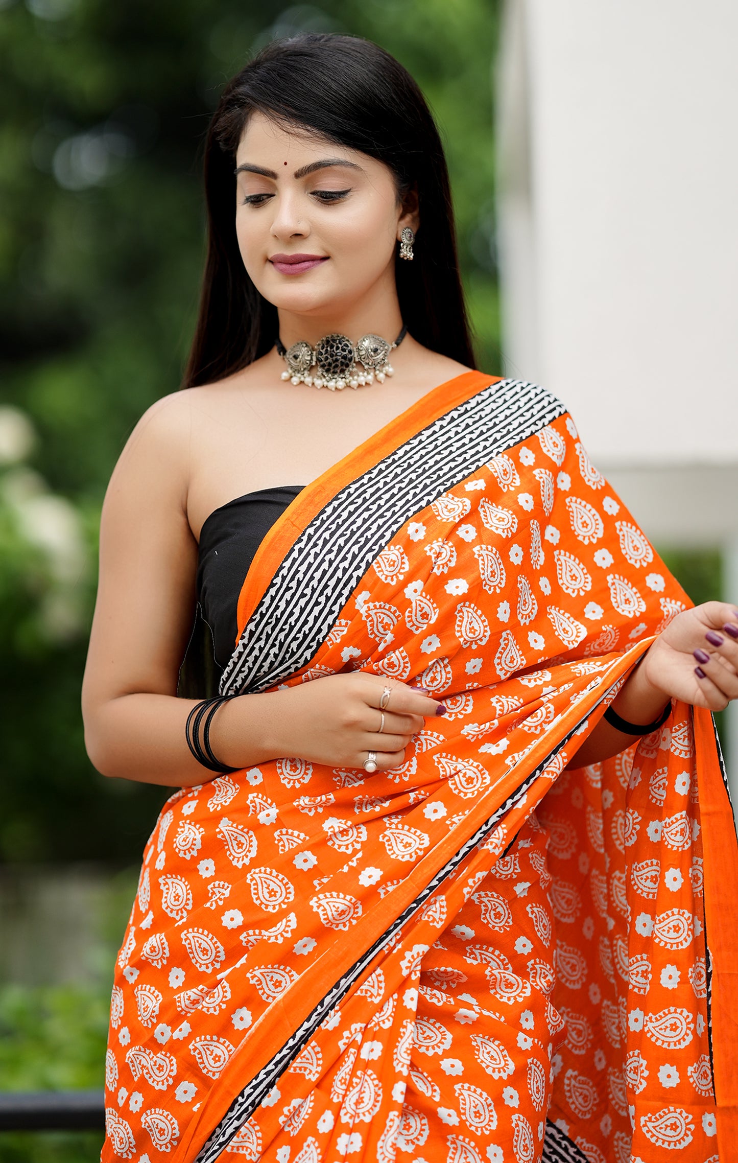 Orange Cotton Mul Printed Saree