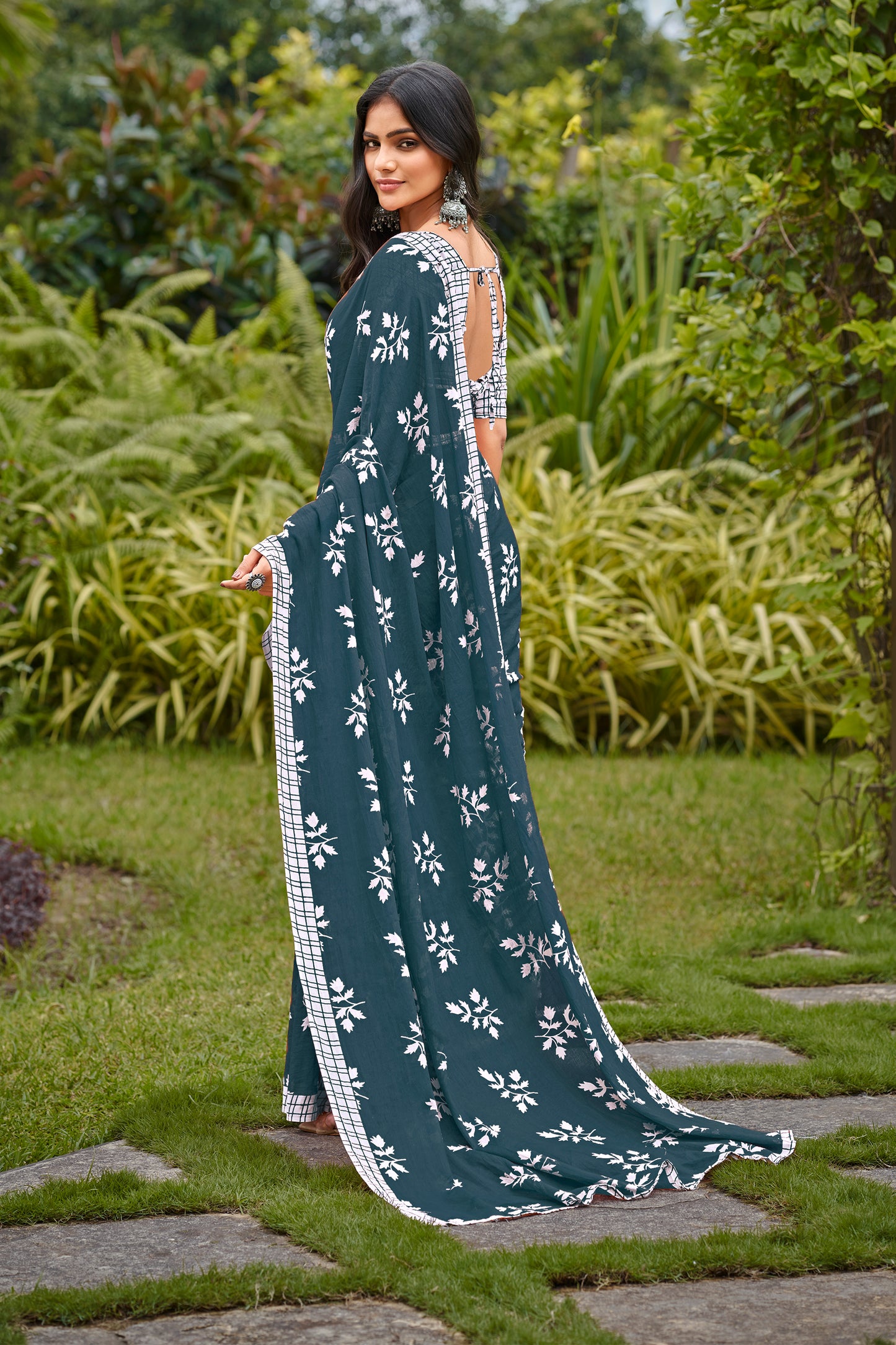 Teal Blue Cotton Mul Printed Saree