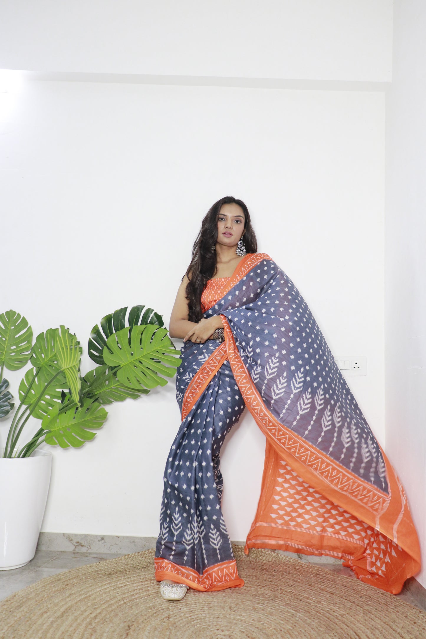 Orange-Grey Cotton Printed Saree