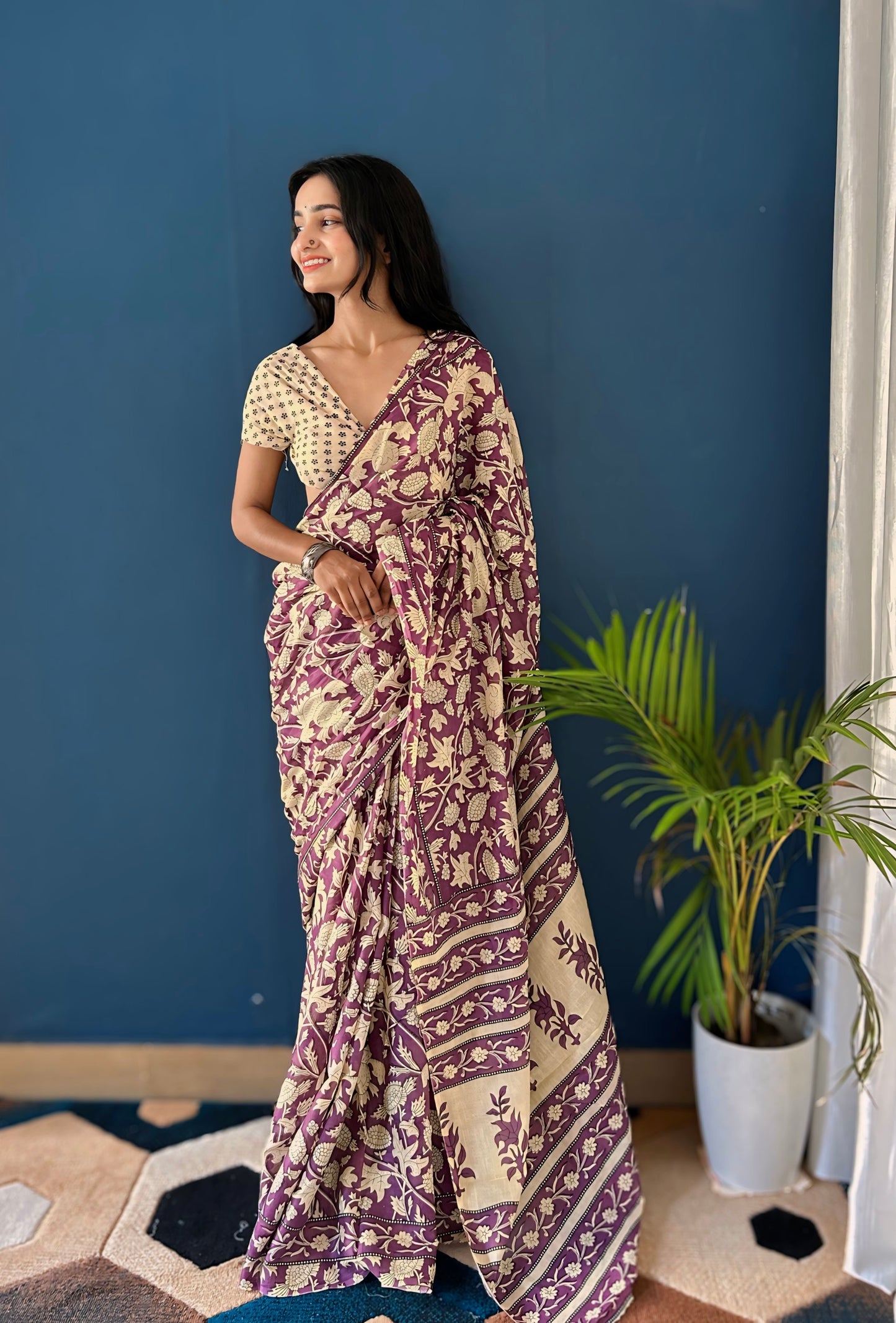 Creamy-Wine Cotton Mul Printed Saree