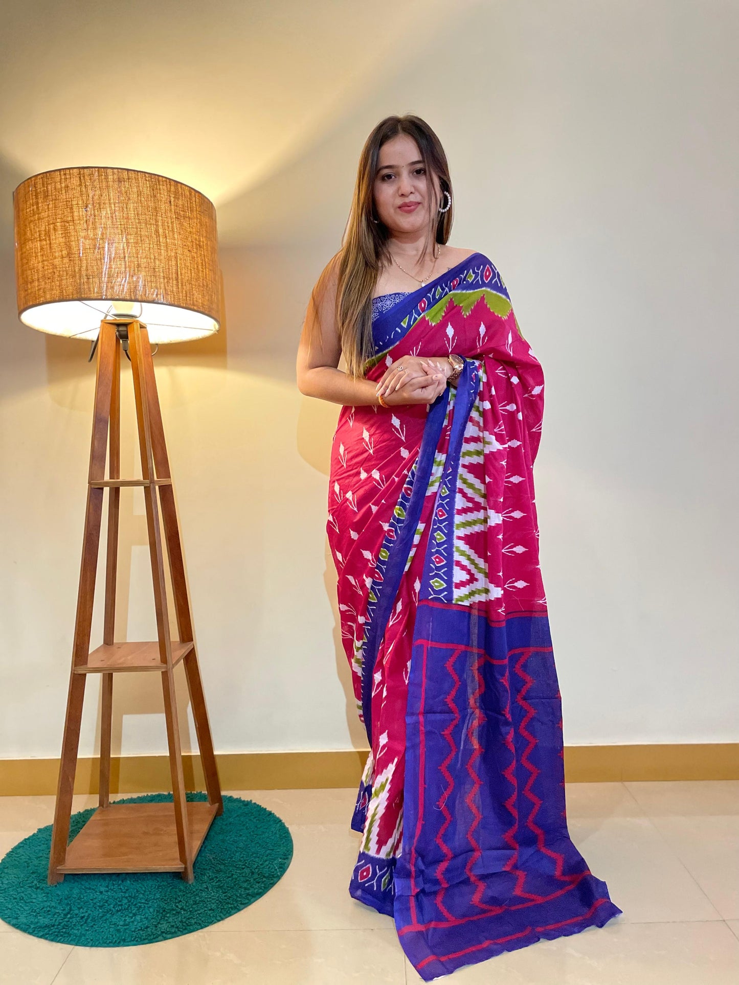 Pink-Blue Cotton Mul Printed Saree