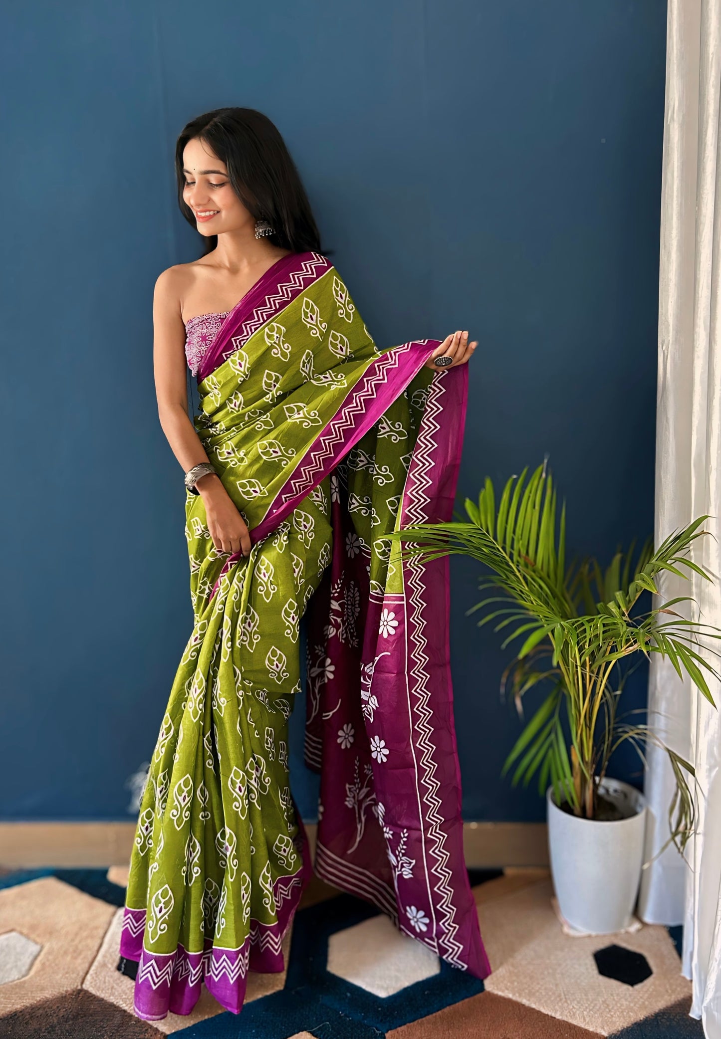 Green-Wine Cotton Mul Printed Saree