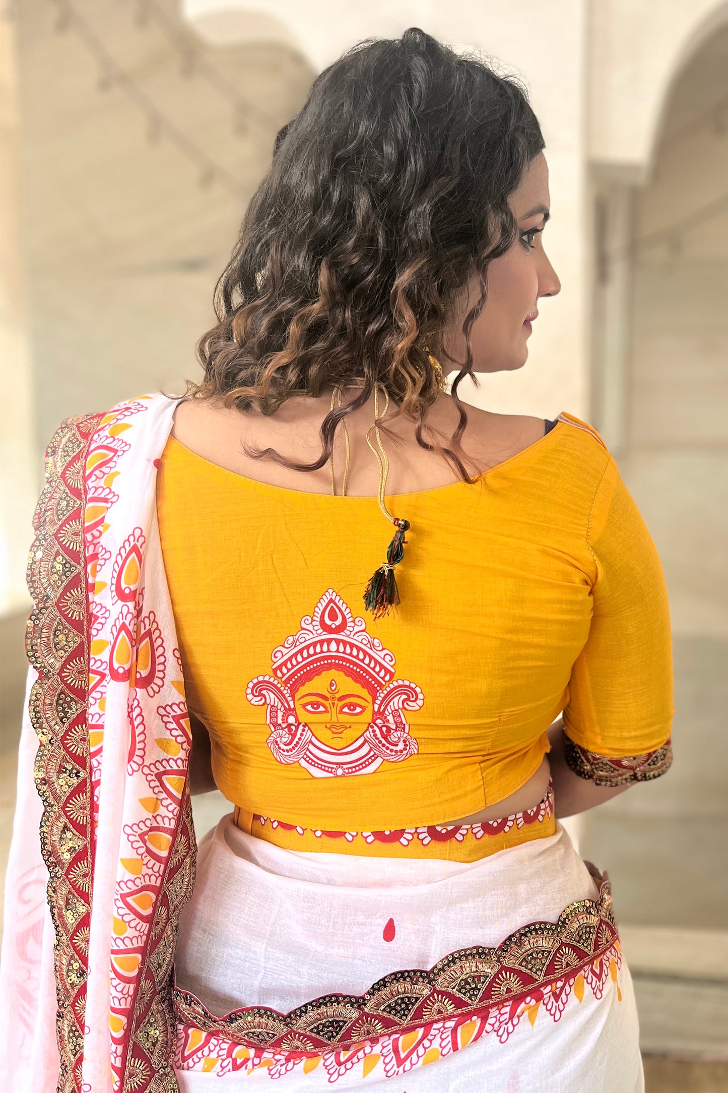 White-Yellow Cotton Mul Printed Saree