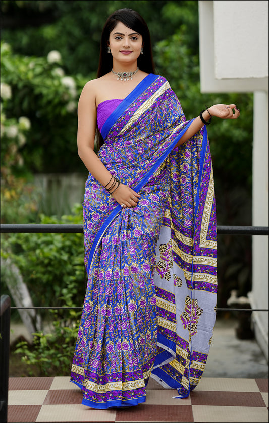 Blue Cotton Mul Printed Saree