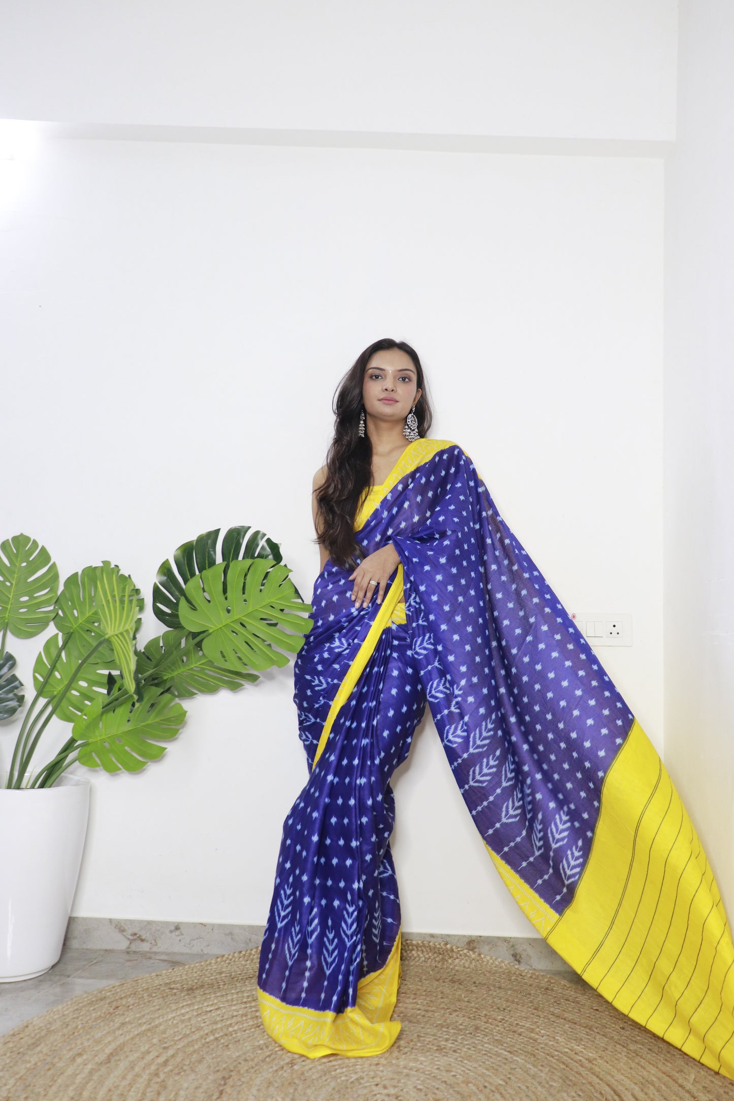 Blue-Yellow Cotton Printed Saree