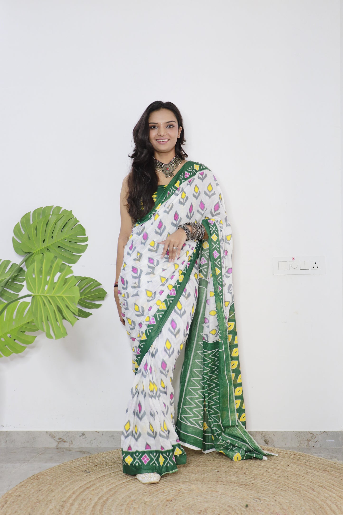 White-Green Cotton Printed Saree