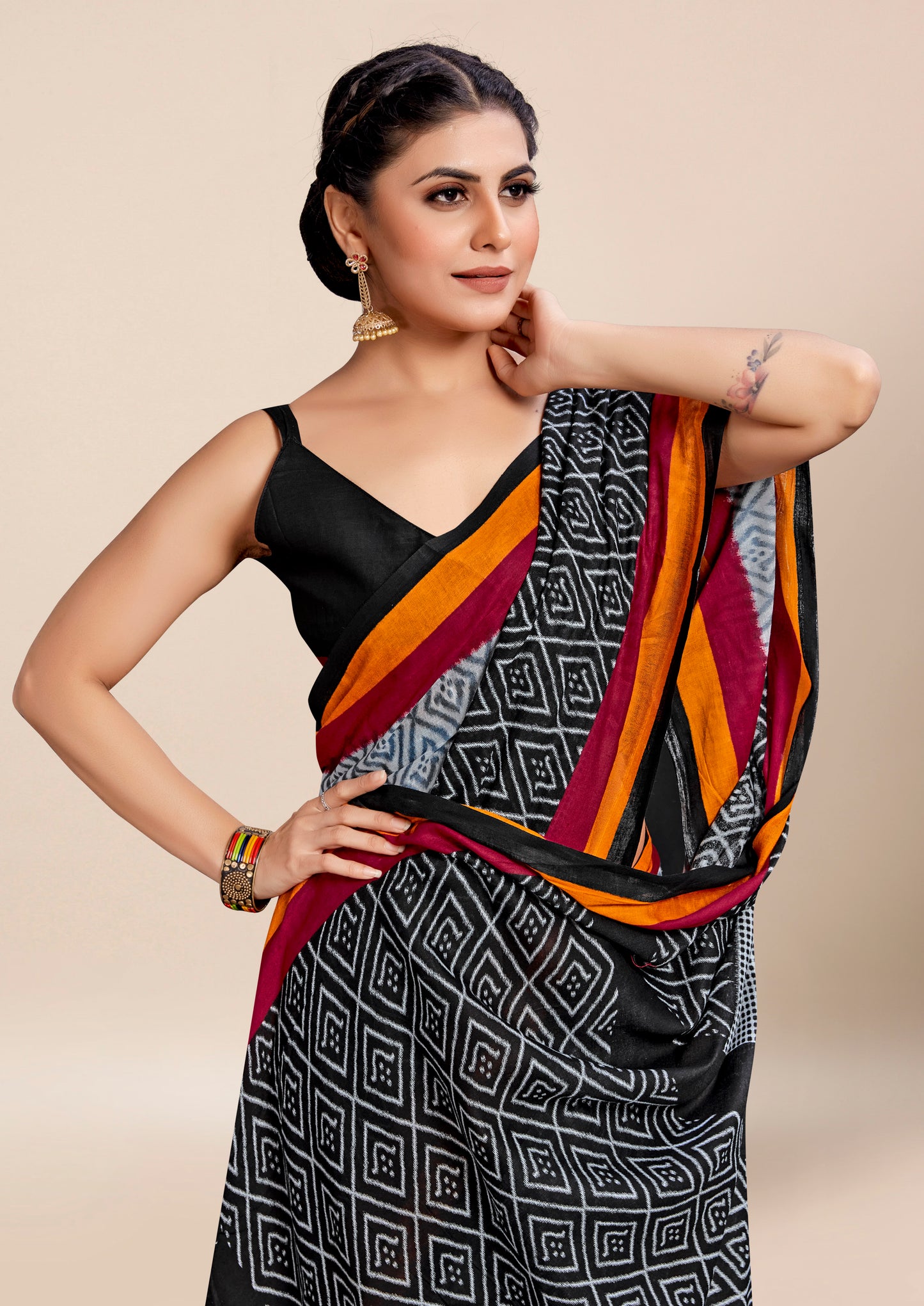 Black-Grey Cotton Mul Printed Saree