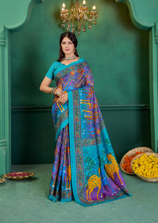 Teal Blue Cotton Mul Printed Saree