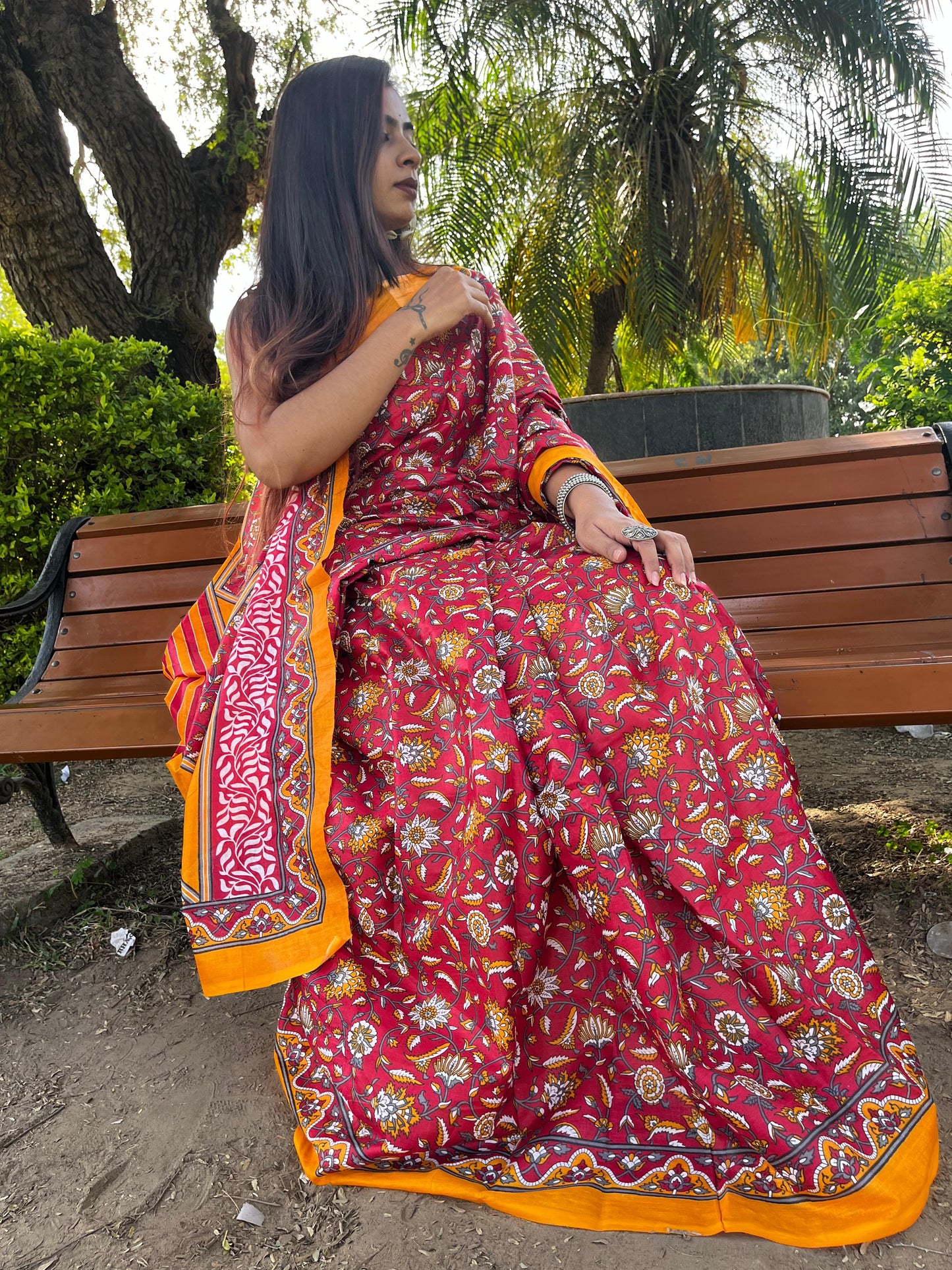 Red Cotton Mul Printed Saree