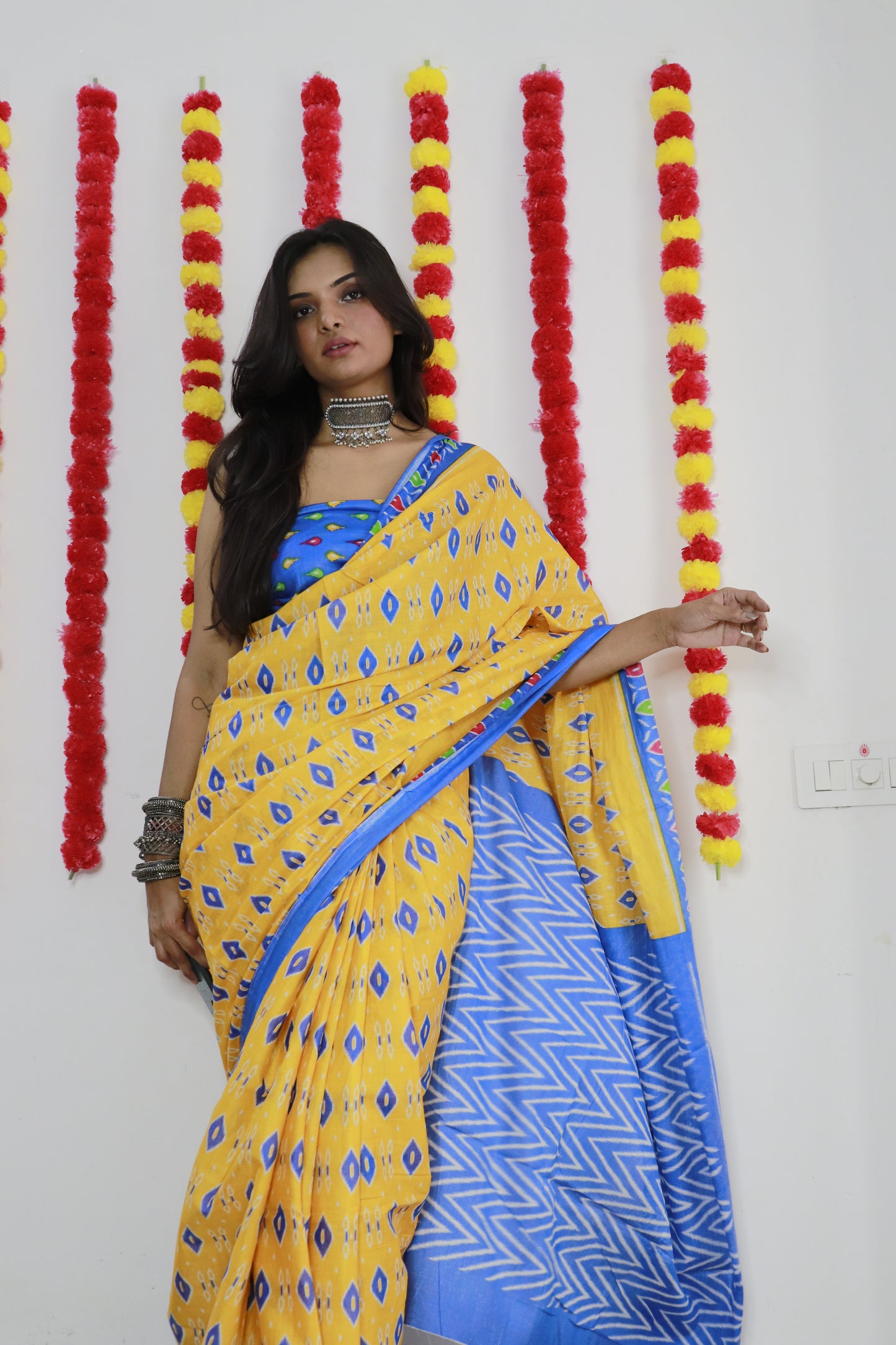 Yellow-Sky Cotton Mul Printed Saree