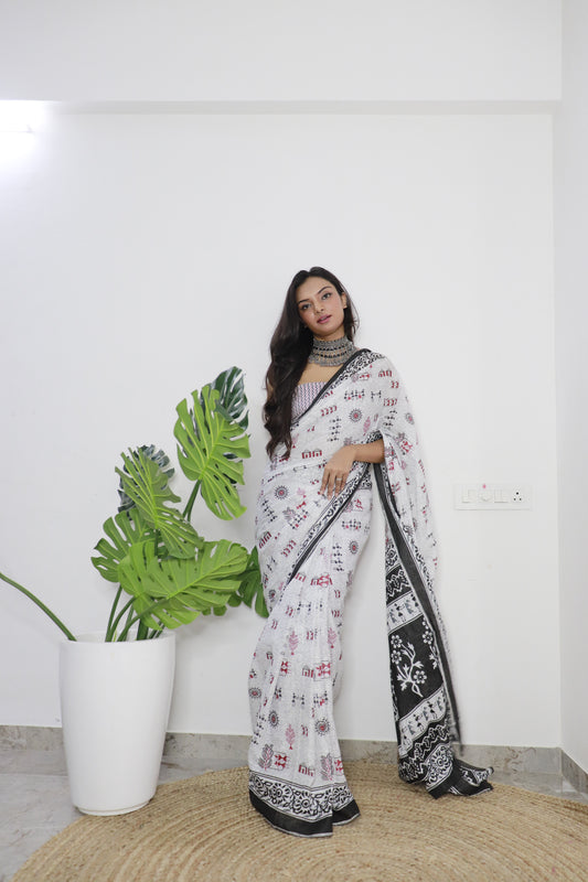 White Cotton Printed Saree